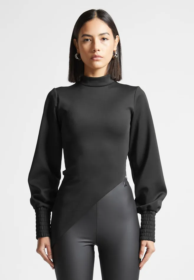 Women Manire De Voir Mock Neck Asymmetric Top Black