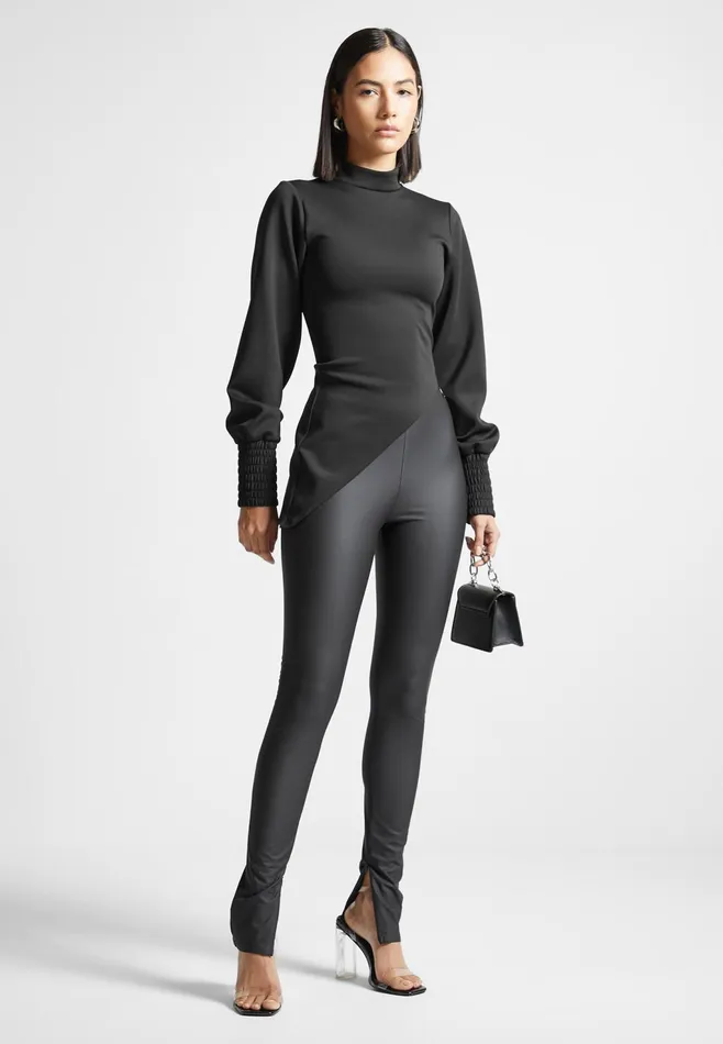 Women Manire De Voir Mock Neck Asymmetric Top Black