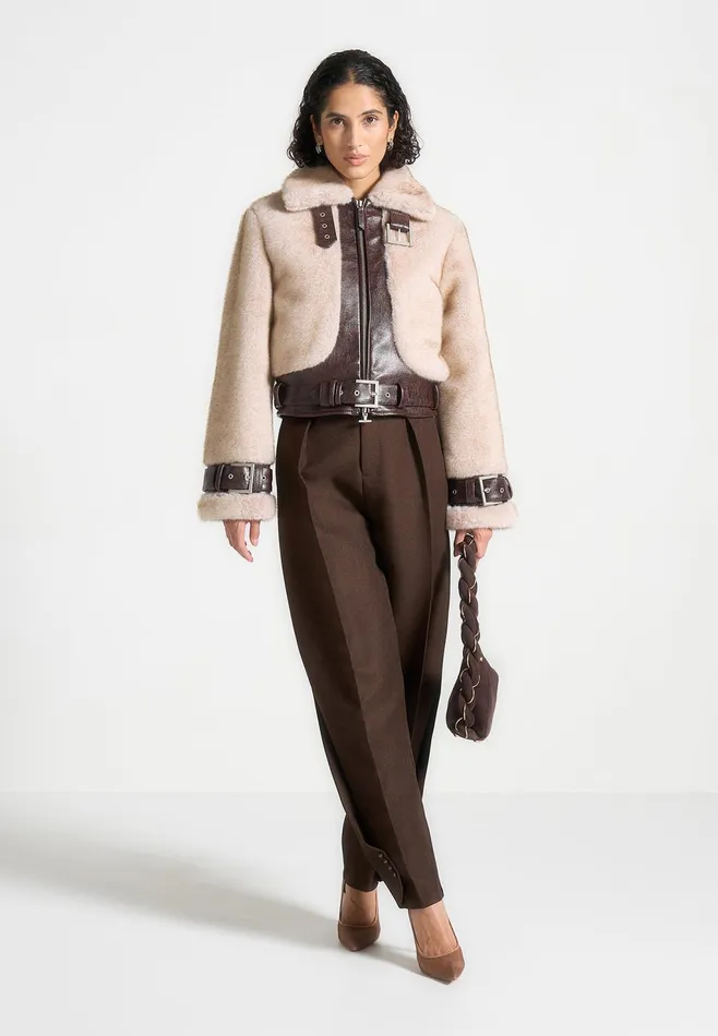 Women Manire De Voir Plush and Leather Belted Jacket Beigebrown