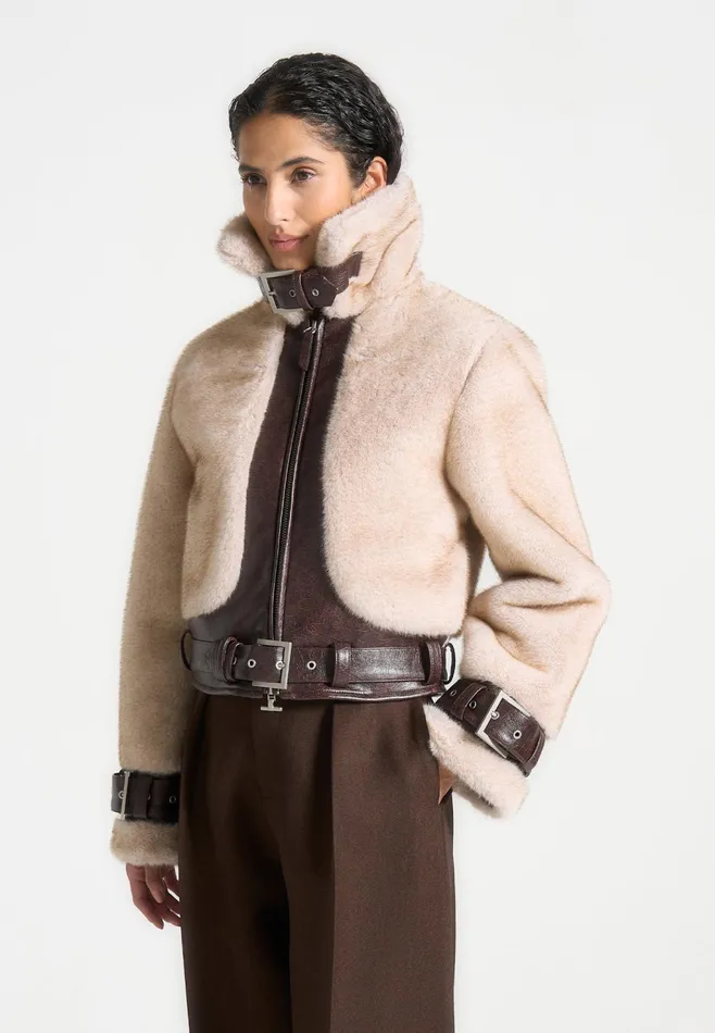 Women Manire De Voir Plush and Leather Belted Jacket Beigebrown