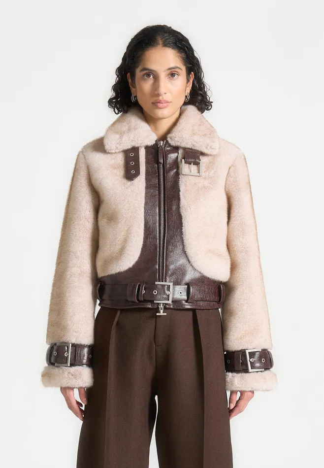 Women Manire De Voir Plush and Leather Belted Jacket Beigebrown