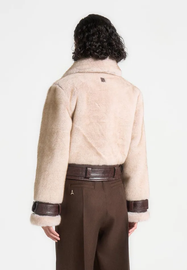 Women Manire De Voir Plush and Leather Belted Jacket Beigebrown