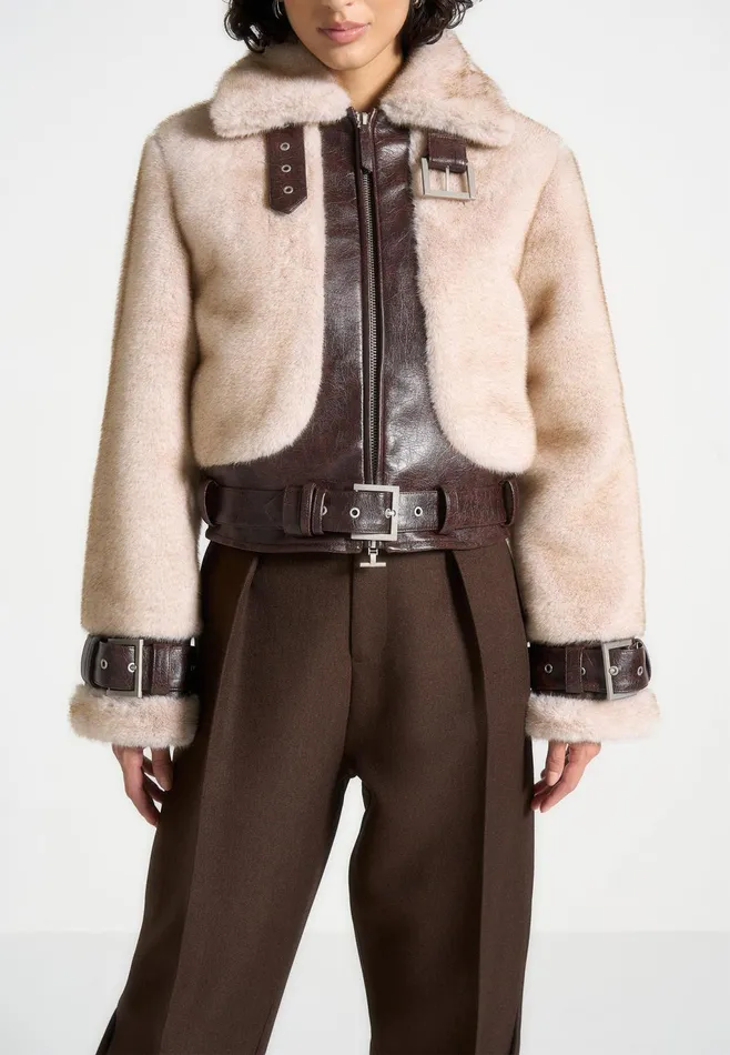 Women Manire De Voir Plush and Leather Belted Jacket Beigebrown
