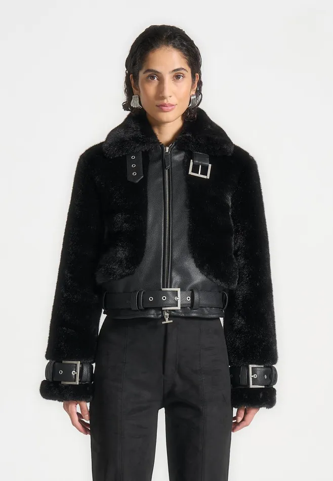 Women Manire De Voir Plush and Leather Belted Jacket Black