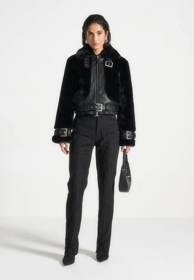 Women Manire De Voir Plush and Leather Belted Jacket Black