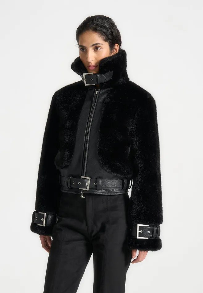 Women Manire De Voir Plush and Leather Belted Jacket Black