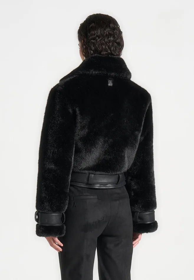 Women Manire De Voir Plush and Leather Belted Jacket Black