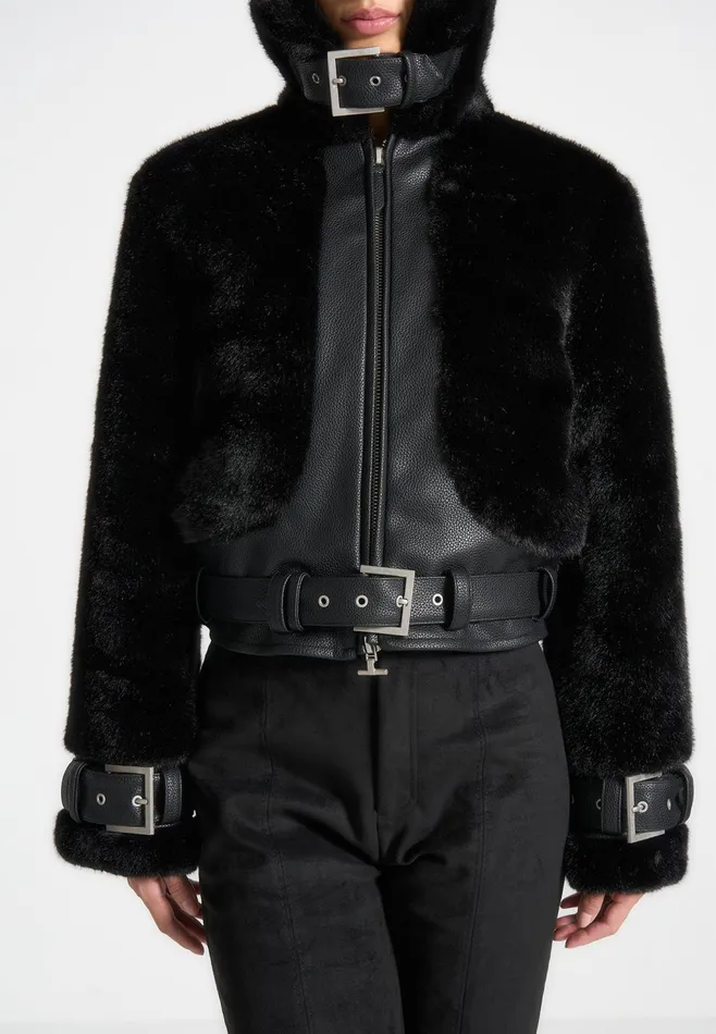 Women Manire De Voir Plush and Leather Belted Jacket Black