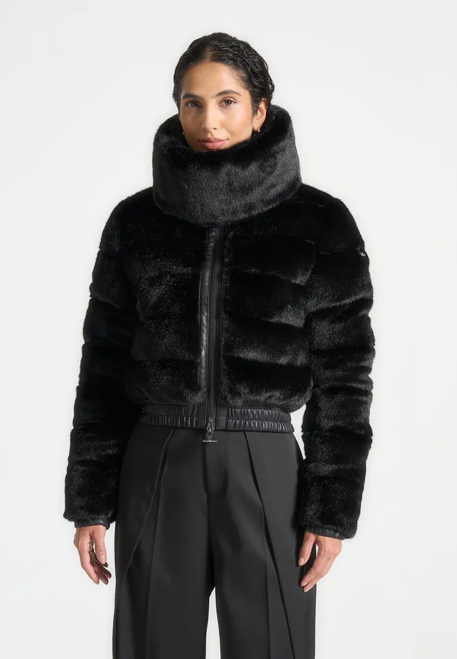 Women Manire De Voir Plush Ribbed Jacket With Neck Scarf Black