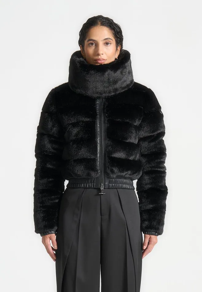 Women Manire De Voir Plush Ribbed Jacket With Neck Scarf Black