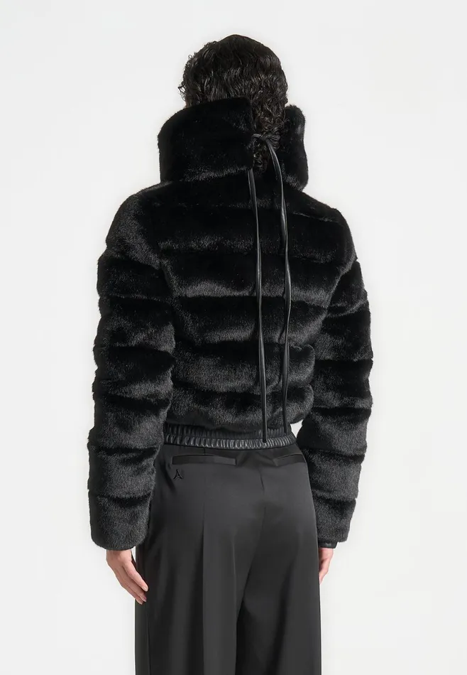 Women Manire De Voir Plush Ribbed Jacket With Neck Scarf Black