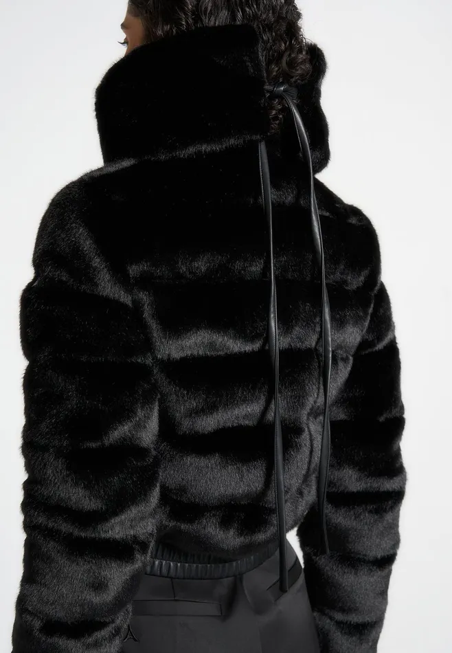Women Manire De Voir Plush Ribbed Jacket With Neck Scarf Black
