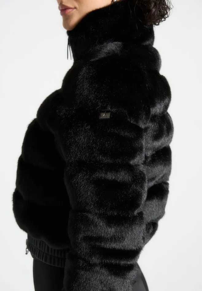 Women Manire De Voir Plush Ribbed Jacket With Neck Scarf Black