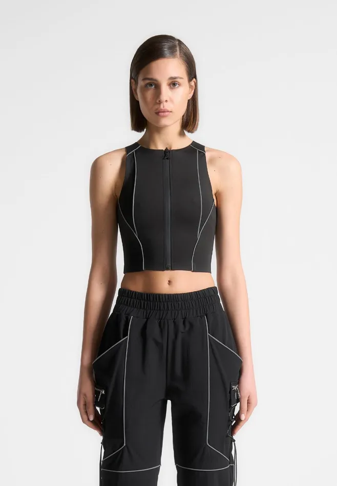 Women Manire De Voir Reflective Piped Racer Crop Top Black
