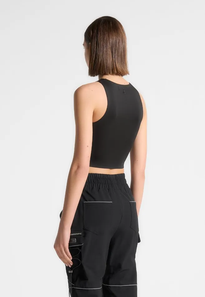 Women Manire De Voir Reflective Piped Racer Crop Top Black