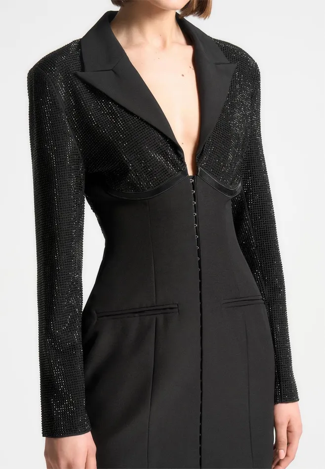 Women Manire De Voir Rhinestone Corset Blazer Dress Black