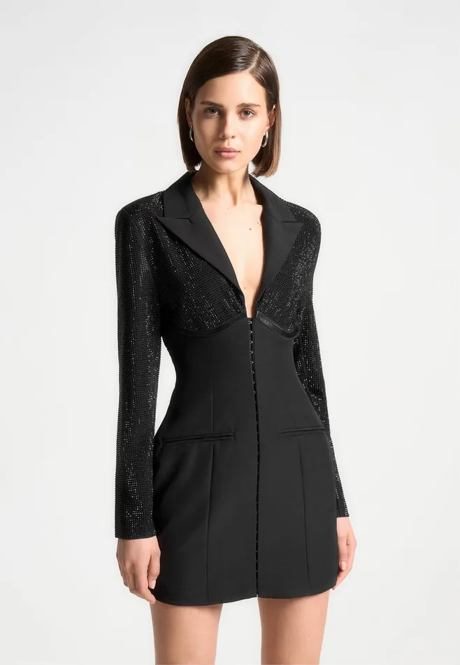 Women Manire De Voir Rhinestone Corset Blazer Dress Black