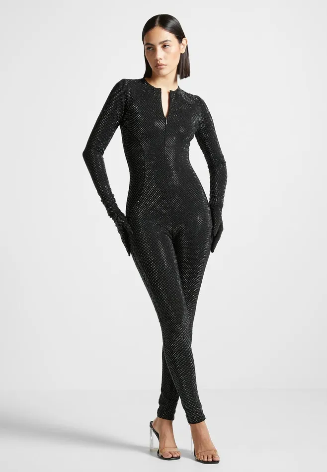 Women Manire De Voir Rhinestone Jumpsuit With Gloves Black