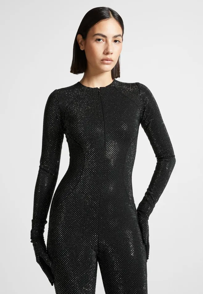 Women Manire De Voir Rhinestone Jumpsuit With Gloves Black