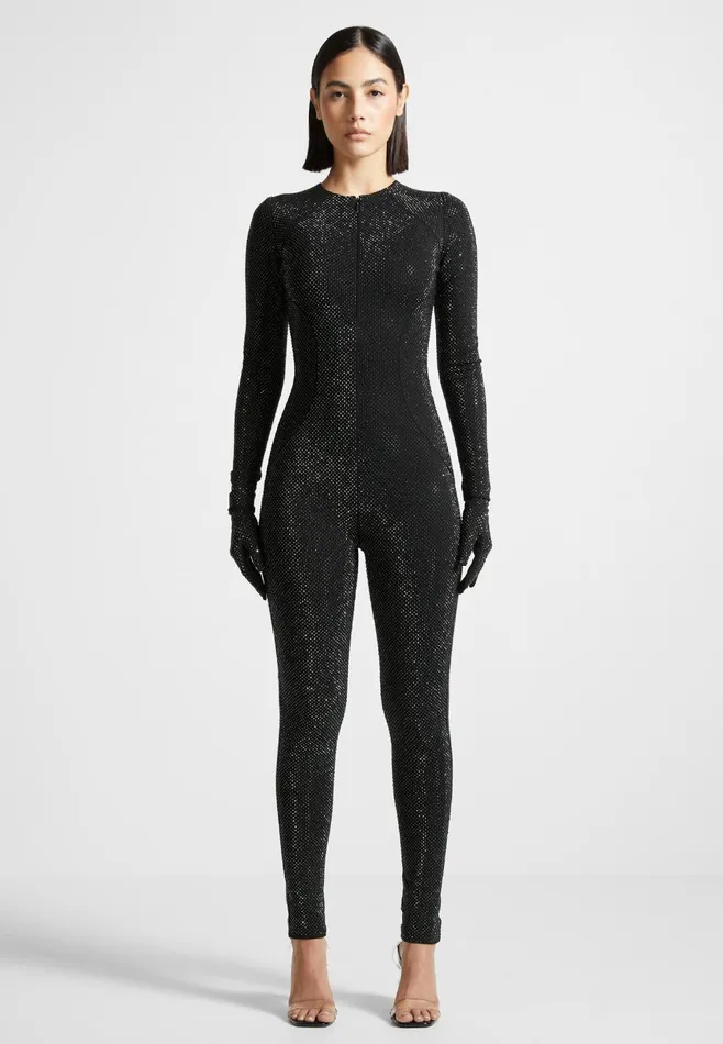 Women Manire De Voir Rhinestone Jumpsuit With Gloves Black