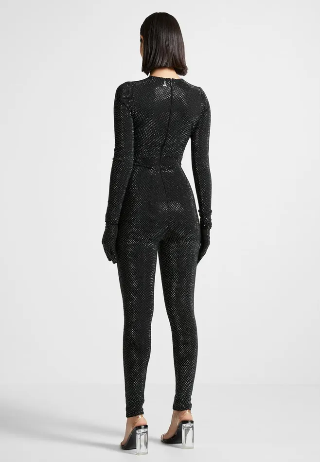 Women Manire De Voir Rhinestone Jumpsuit With Gloves Black