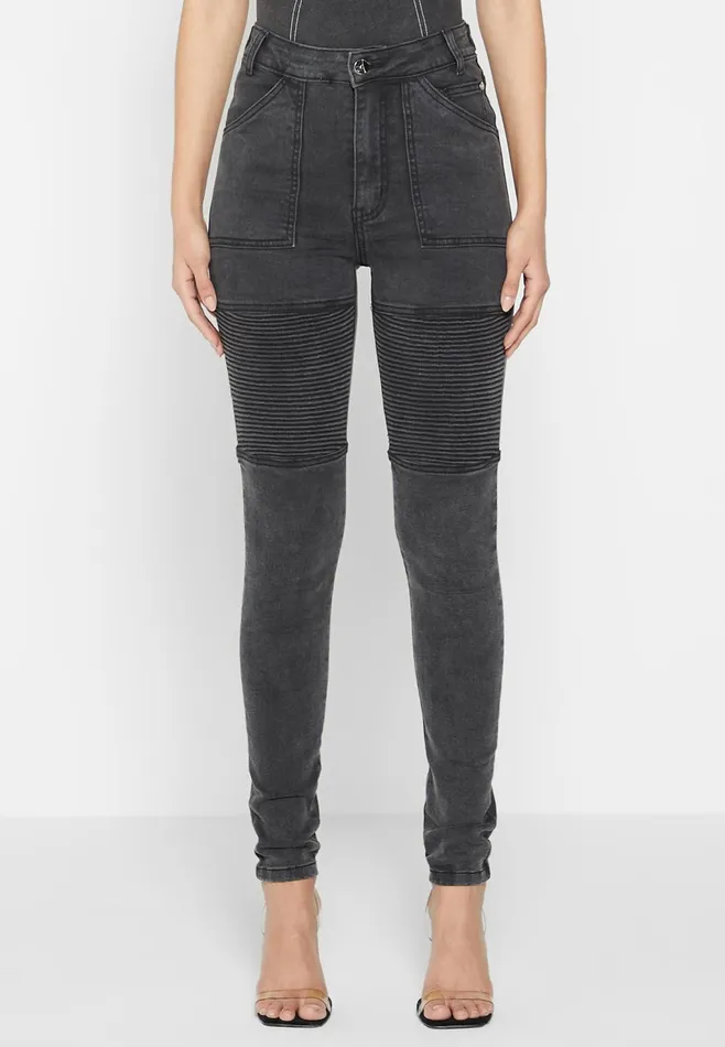 Women Manire De Voir Ribbed Biker Skinny Jeans Washed Black