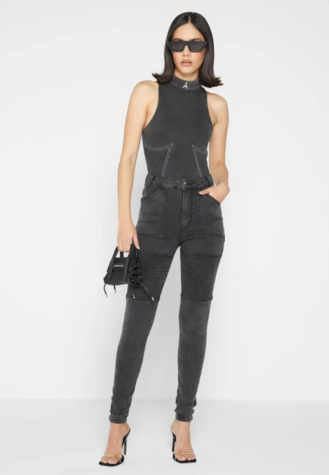 Women Manire De Voir Ribbed Biker Skinny Jeans Washed Black