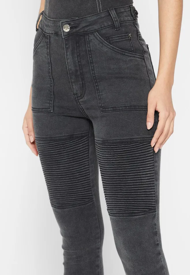 Women Manire De Voir Ribbed Biker Skinny Jeans Washed Black