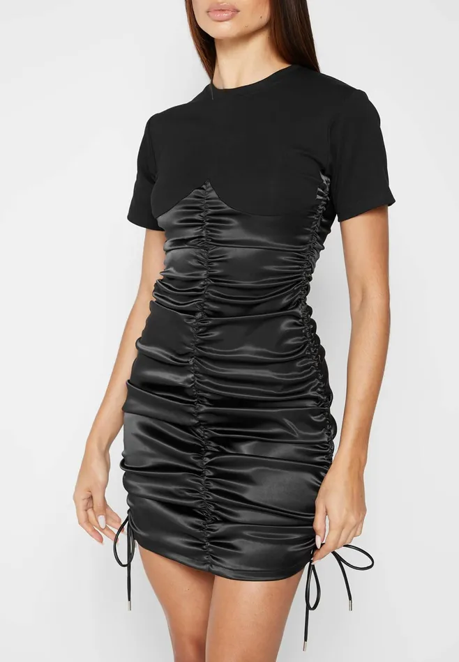 Women Manire De Voir Ruched Satin TShirt Dress Black