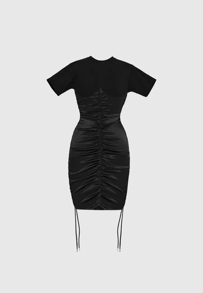Women Manire De Voir Ruched Satin TShirt Dress Black