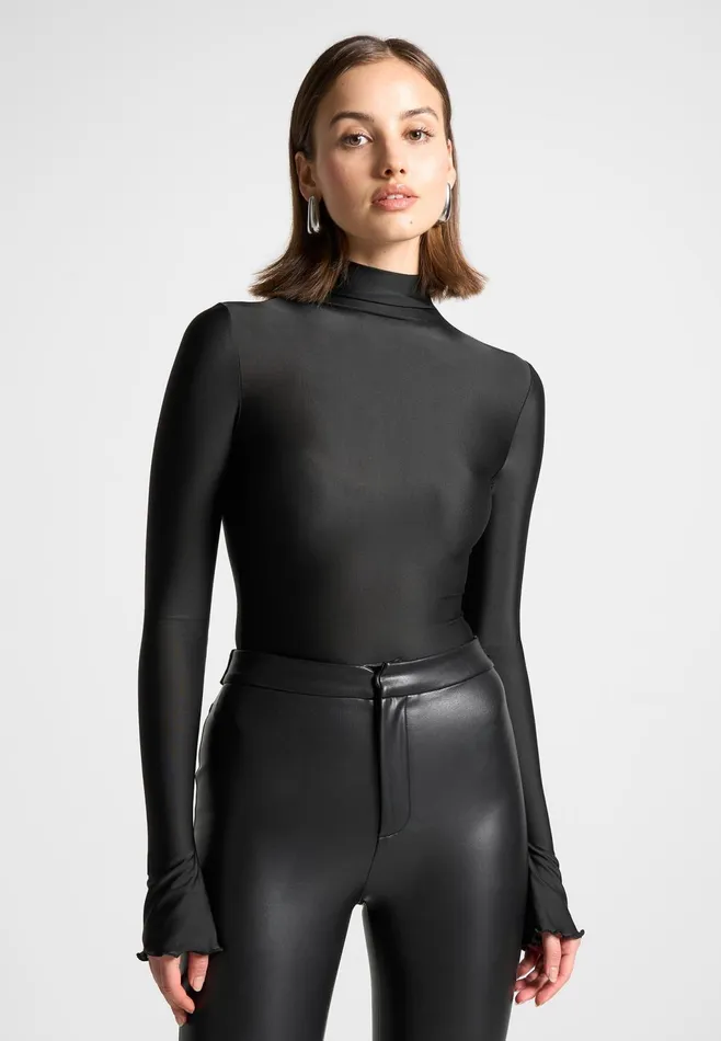 Women Manire De Voir Ruffle Cuff Mock Neck Bodysuit Black