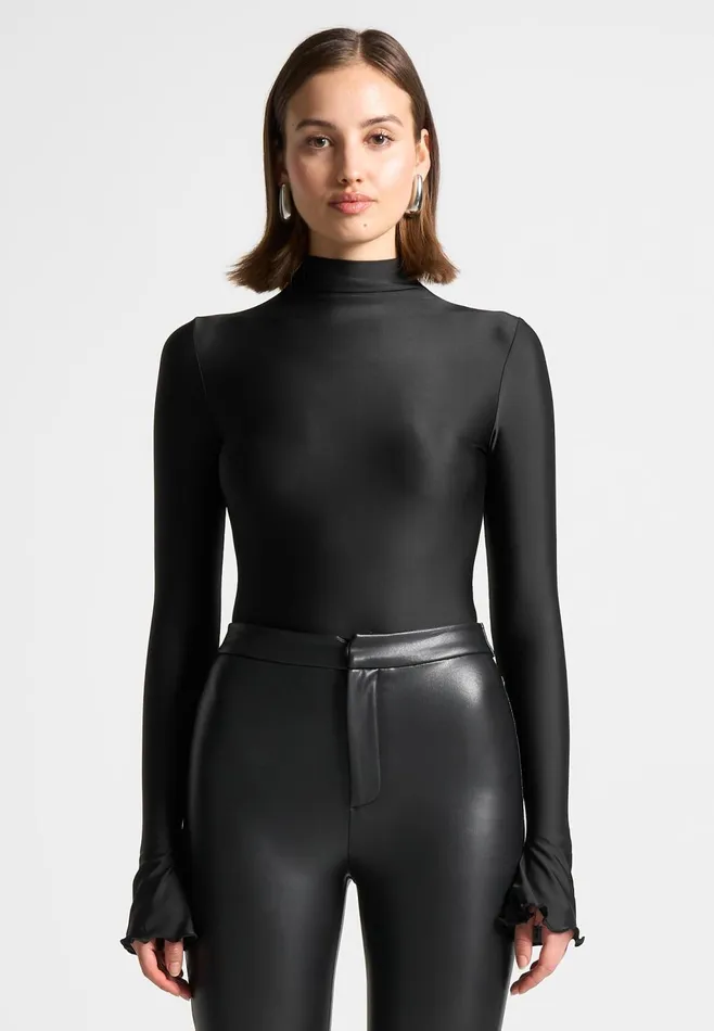 Women Manire De Voir Ruffle Cuff Mock Neck Bodysuit Black