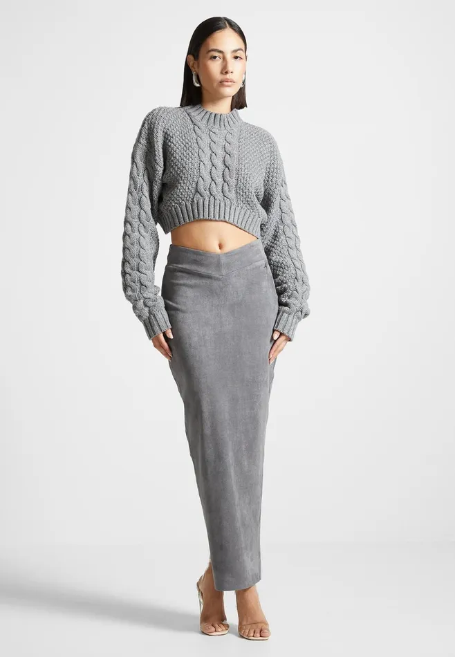Women Manire De Voir Suede Midaxi Skirt Light Grey