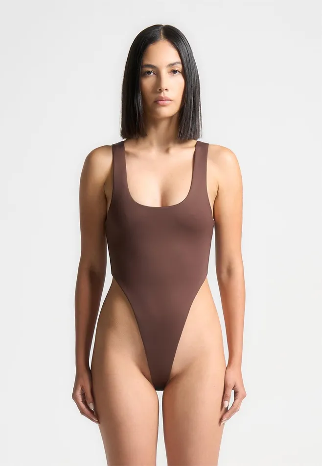 Women Manire De Voir ternelle Double Layer High Leg Bodysuit Brown