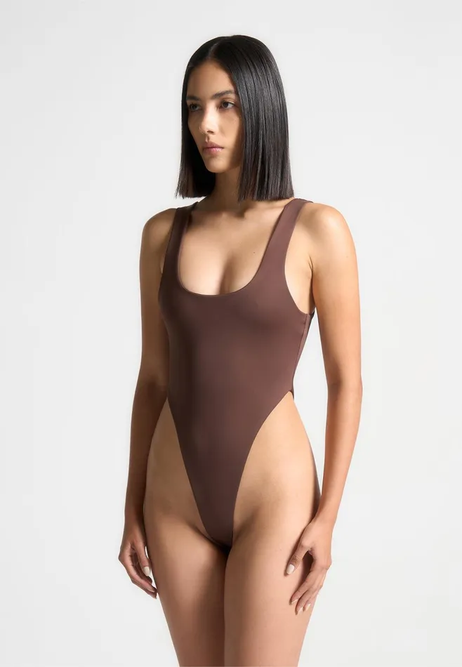 Women Manire De Voir ternelle Double Layer High Leg Bodysuit Brown
