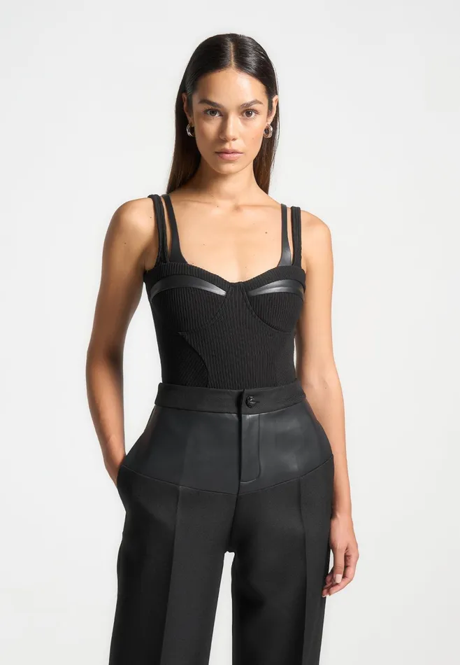 Women Manire De Voir Twin Strap Ribbed Bodysuit Black