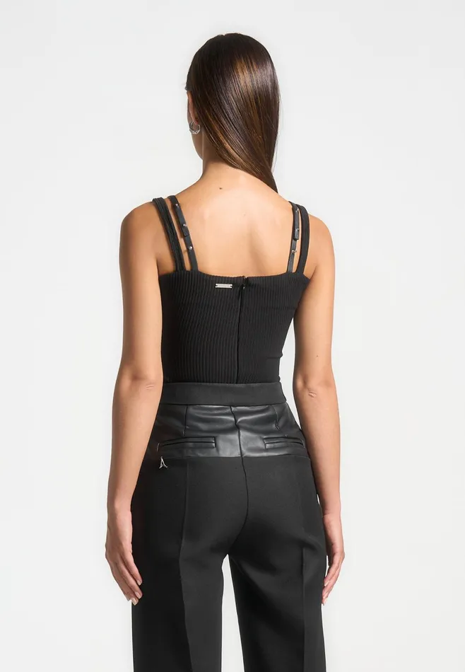 Women Manire De Voir Twin Strap Ribbed Bodysuit Black