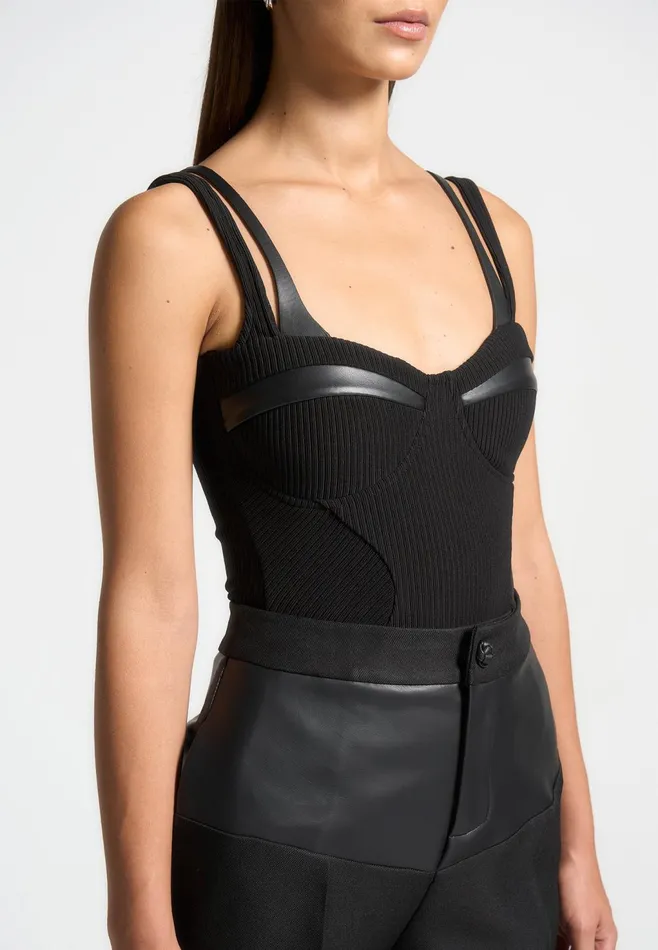 Women Manire De Voir Twin Strap Ribbed Bodysuit Black