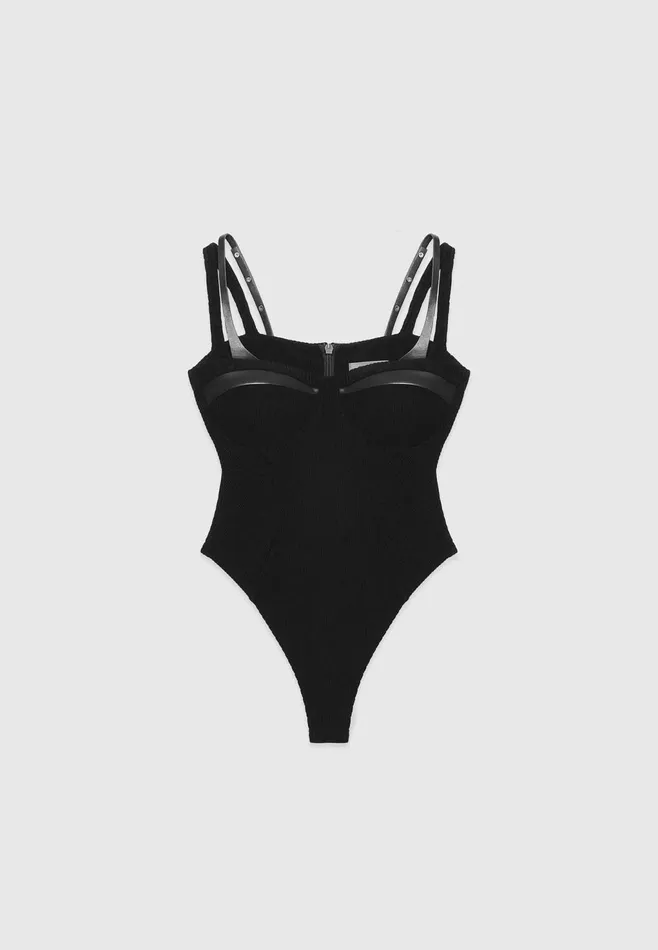 Women Manire De Voir Twin Strap Ribbed Bodysuit Black