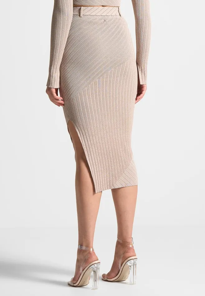 Women Manire De Voir TwoTone Ribbed Knit Midi Skirt With Belt Beige