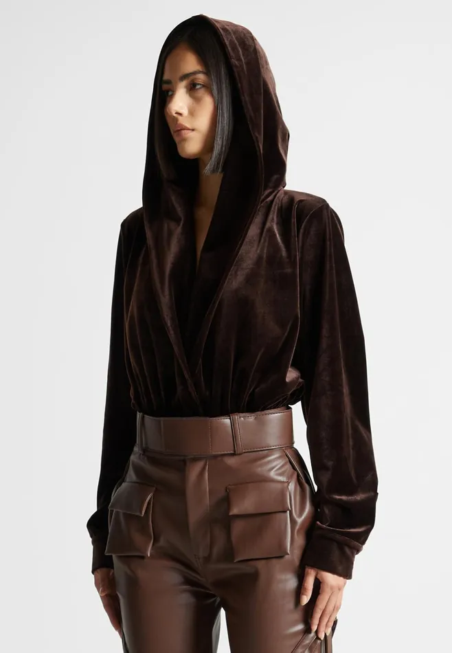 Women Manire De Voir Velour Hooded Bodysuit Brown