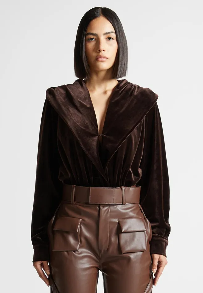Women Manire De Voir Velour Hooded Bodysuit Brown