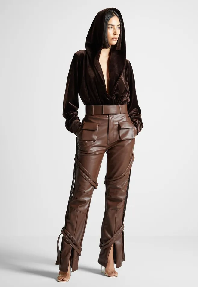 Women Manire De Voir Velour Hooded Bodysuit Brown