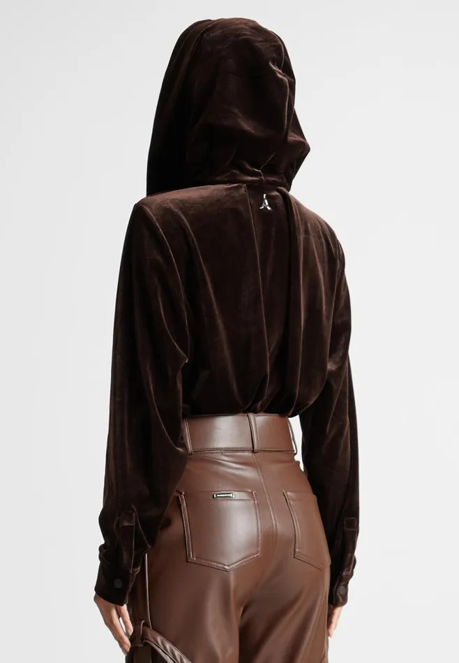 Women Manire De Voir Velour Hooded Bodysuit Brown