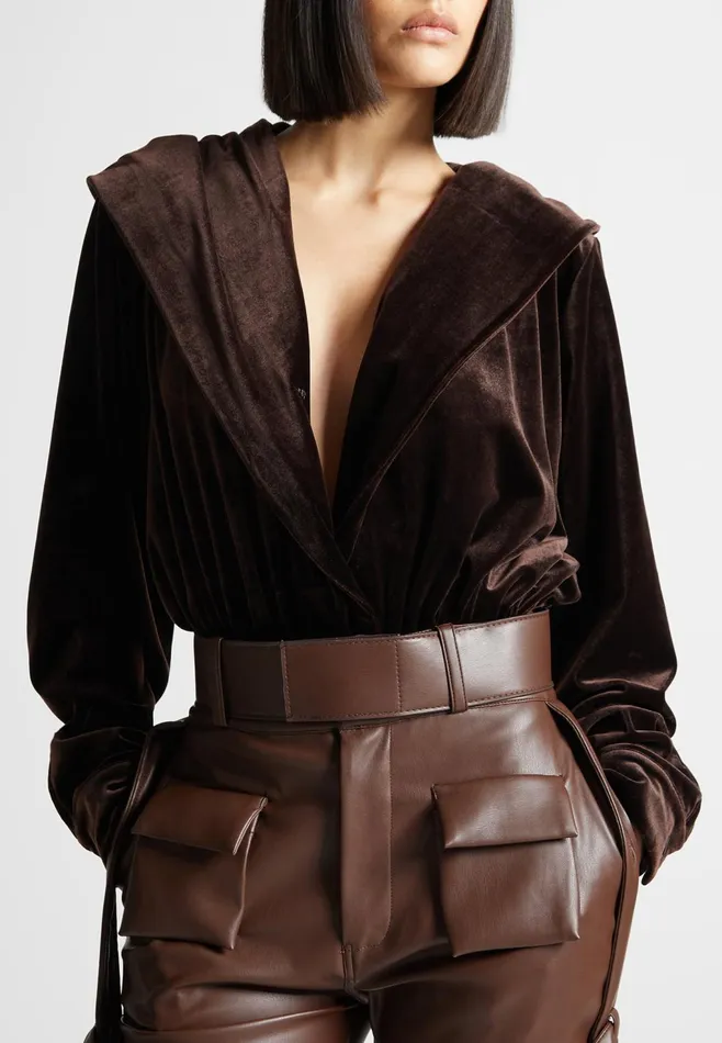 Women Manire De Voir Velour Hooded Bodysuit Brown