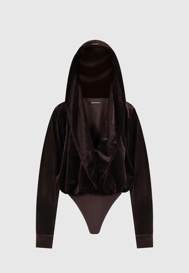 Women Manire De Voir Velour Hooded Bodysuit Brown