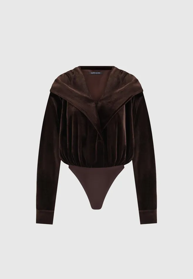 Women Manire De Voir Velour Hooded Bodysuit Brown