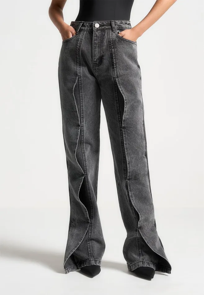 Women Manire De Voir Wave Detail Boyfriend Jeans Washed Grey