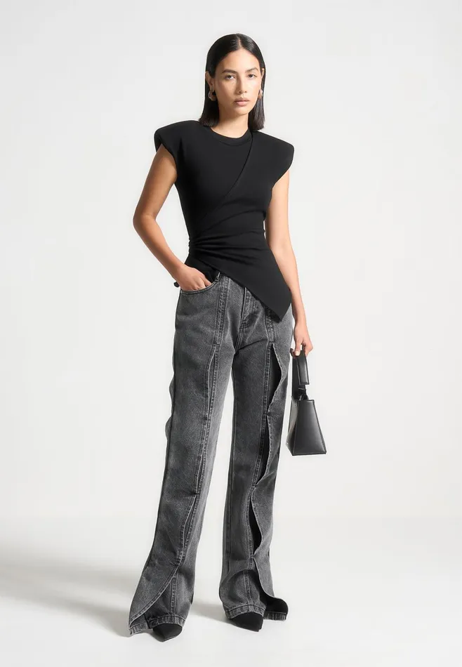 Women Manire De Voir Wave Detail Boyfriend Jeans Washed Grey