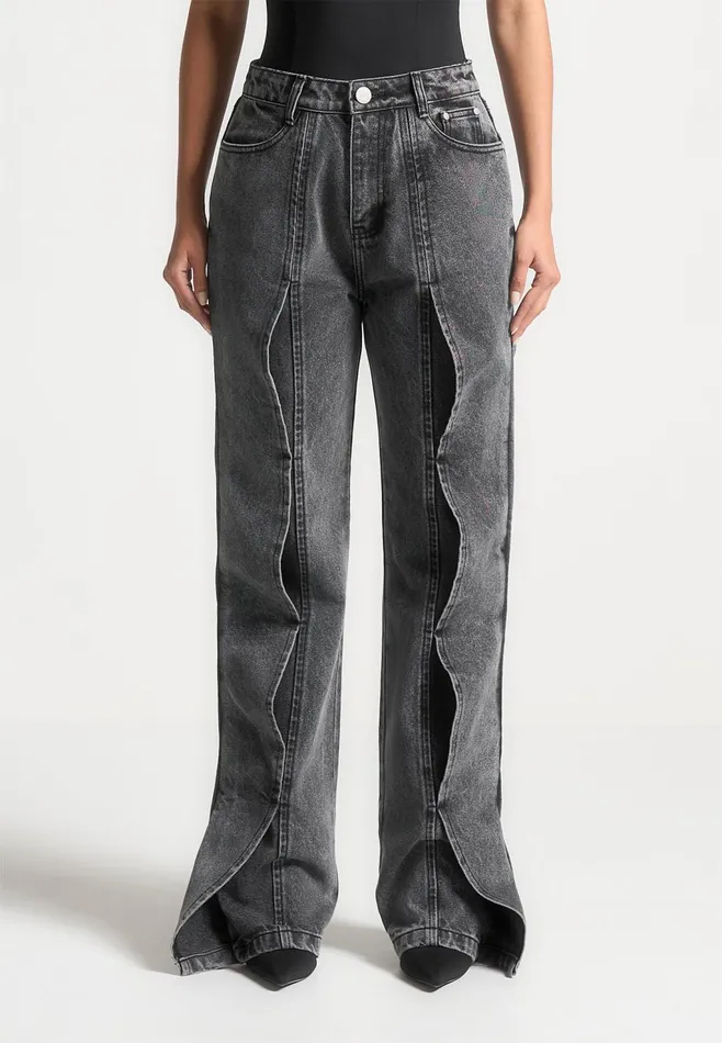Women Manire De Voir Wave Detail Boyfriend Jeans Washed Grey